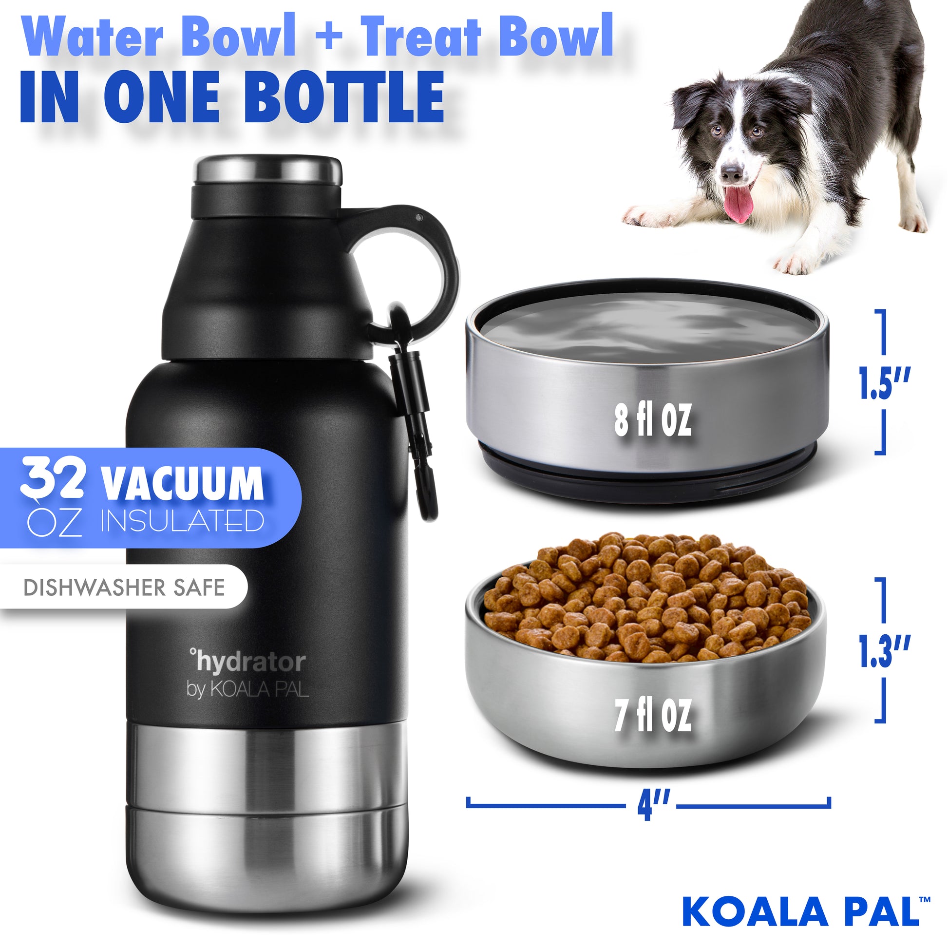 Koala Pal 32oz, Dog Water Bottle, Insulated Dog Travel Bottle, Portable Food and Water Bowl Dispenser for Dogs, Stainless Steel Pet Water Bottle Disp